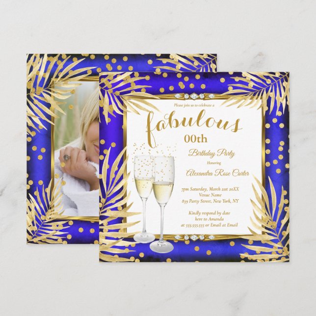 Fabulous Royal Blue Gold Palms Champagne Party Invitation (Front/Back)
