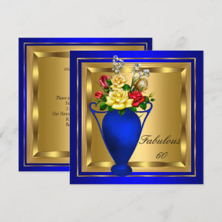 Fabulous Royal Blue Gold Red Roses Elite Birthday Invitation