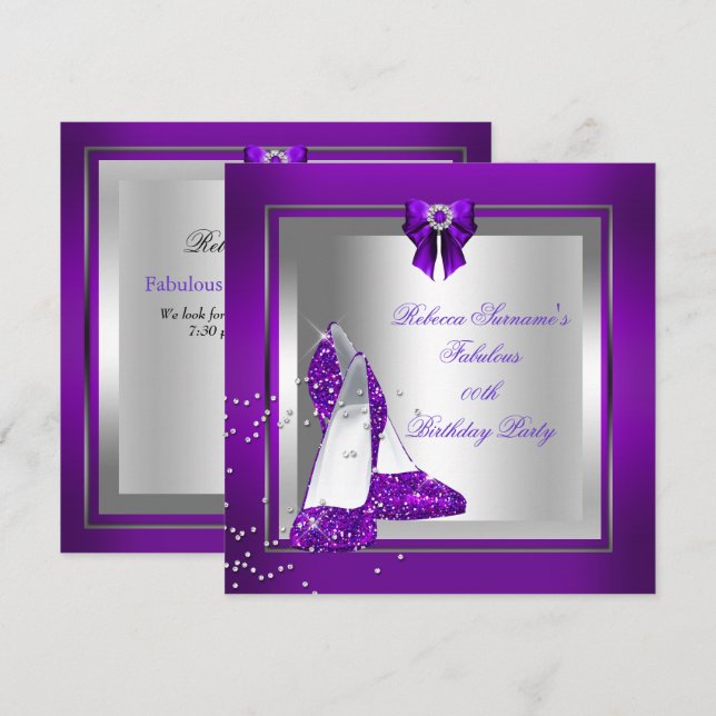 Fabulous Shoe Silver Purple Birthday Party Invitation (Front/Back)