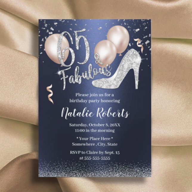 Fabulous Silver High Heel Navy Blue 65th Birthday Invitation (Creator Uploaded)