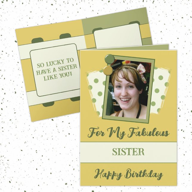 Fabulous sister photo name green gold birthday card (Creator Uploaded)