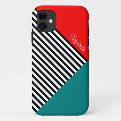 Fabulous Strawberry Red Teal Black White Striped iPhone 11 Case