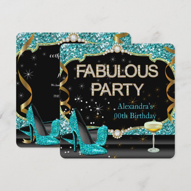 Fabulous Teal Black Glitter Birthday Party Invitation (Front/Back)