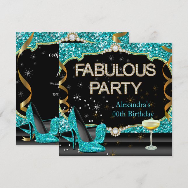 Fabulous Teal Black Glitter Birthday Party Invitation (Front/Back)