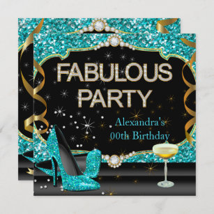 Fabulous Teal Black Glitter Birthday Party Invitation