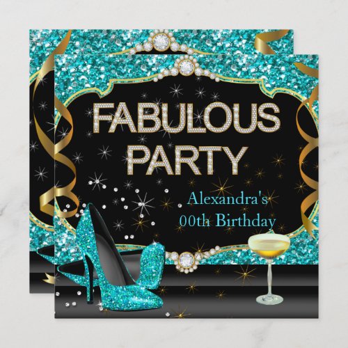 Fabulous Teal Black Glitter Birthday Party Invitation