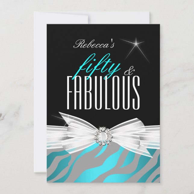 Fabulous Teal Black Gray Zebra 50th Birthday Party Invitation (Front)