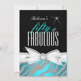 Fabulous Teal Black Gray Zebra 50th Birthday Party Invitation