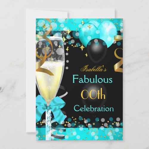 Fabulous Teal Blue Champagne Birthday Party 2 Invitation