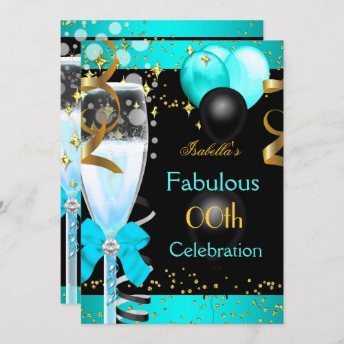 Fabulous Teal Blue Champagne Gold Birthday Party Invitation