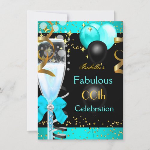 Fabulous Teal Blue Champagne Gold Birthday Party Invitation