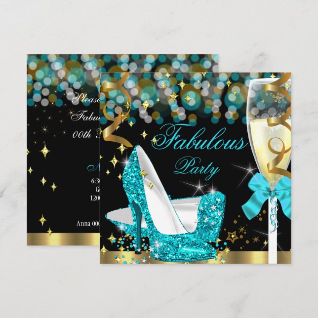 Fabulous Teal Blue Glitter High Heel Birthday 2 Invitation (Front/Back)