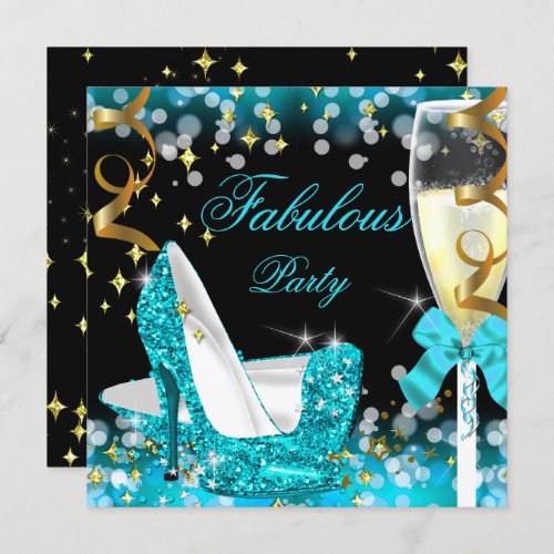 Fabulous Teal Blue Glitter High Heel Birthday Invitation