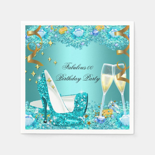 Fabulous Teal Blue Glitter High Heels Champagne DN Napkins (Front)