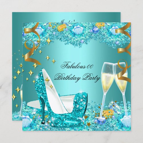 Fabulous Teal Blue Glitter High Heels Champagne Invitation