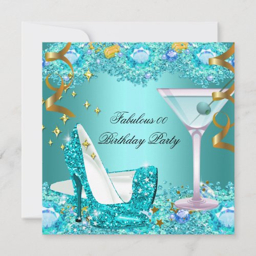 Fabulous Teal Blue Glitter High Heels Martini Invitation