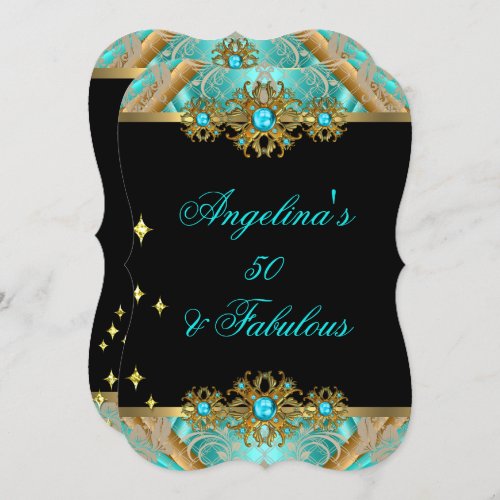 Fabulous Teal Blue Gold Black Damask Birthday 3 Invitation