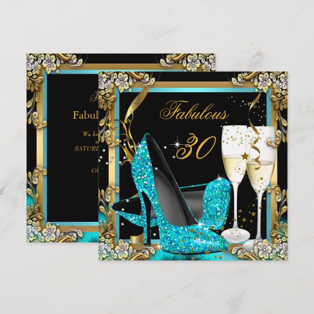 Fabulous Teal Blue Heels Black Champagne Party Invitation (Front/Back)