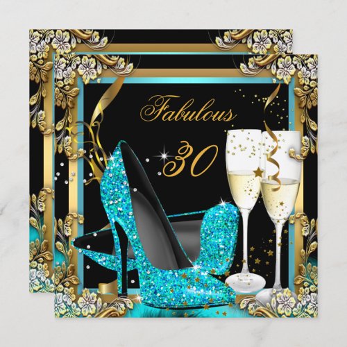 Fabulous Teal Blue Heels Black Champagne Party Invitation