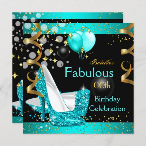 Fabulous Teal Blue High Heels Gold Birthday Party Invitation