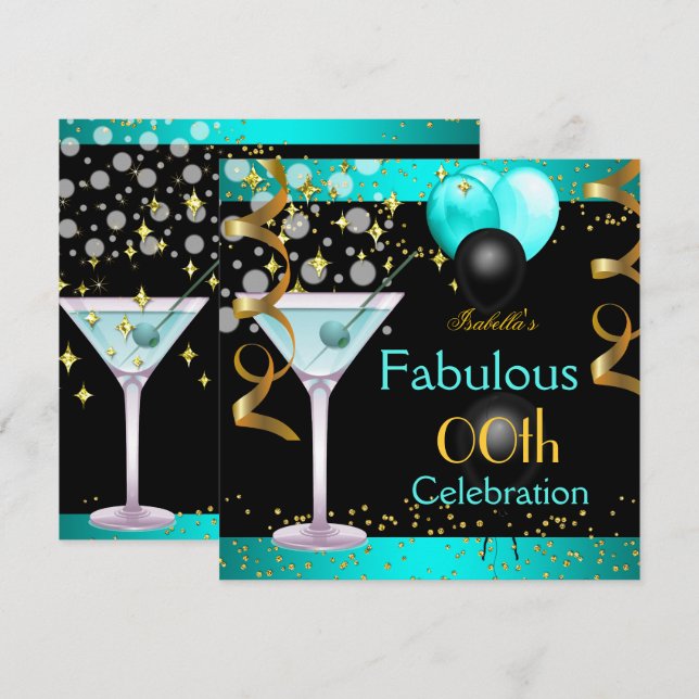 Fabulous Teal Blue Martini Gold Birthday Party Invitation (Front/Back)