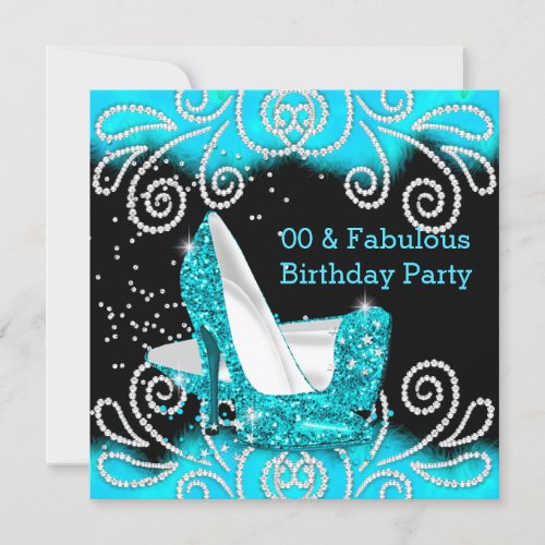 Fabulous Teal Glitter High Heels Birthday Party Invitation