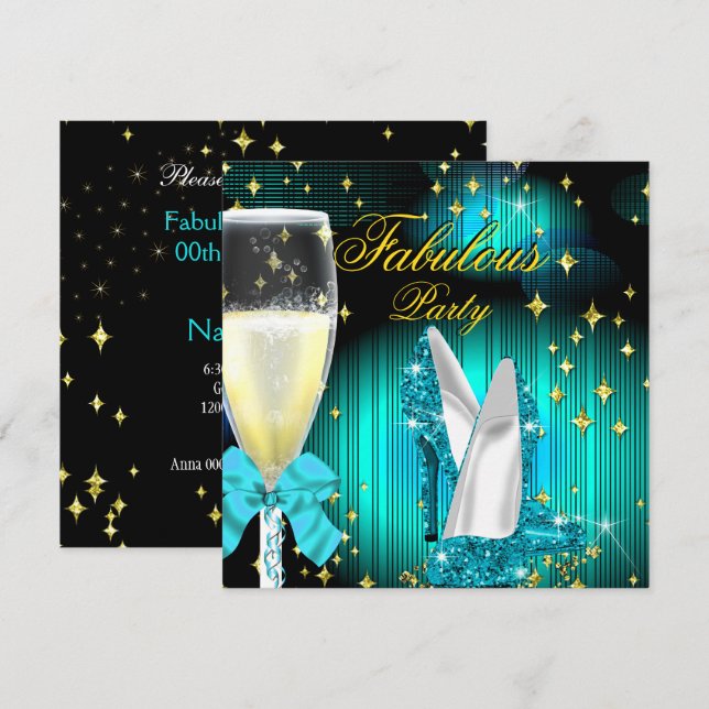 Fabulous Teal Glitter High Heels Birthday Party Invitation (Front/Back)