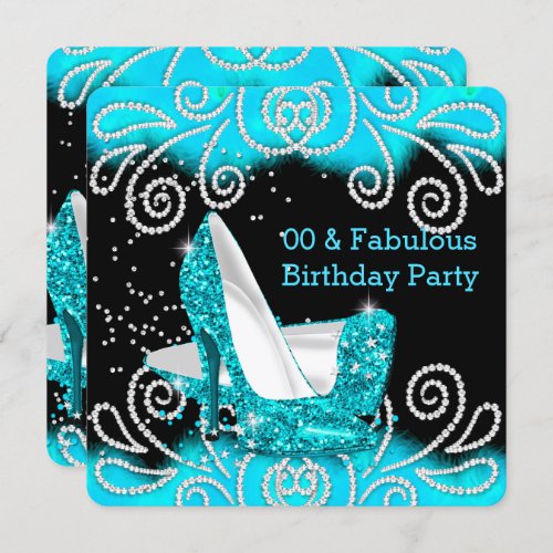 Fabulous Teal Glitter High Heels Birthday Party Invitation