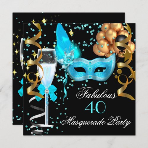 Fabulous Teal Gold Black Masquerade Party Invitation