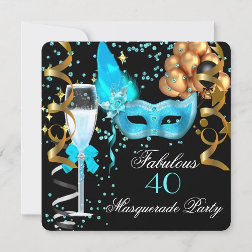 Fabulous Teal Gold Black Masquerade Party Invitation