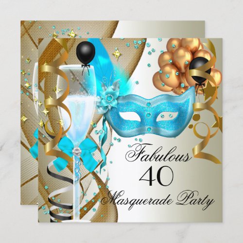 Fabulous Teal Gold Cream Black Masquerade Party Invitation