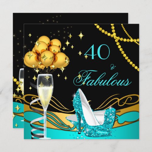 Fabulous Teal Heels Gold Black Birthday Party Invitation