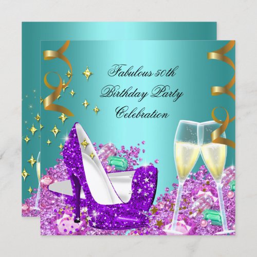 Fabulous Teal Purple Glitter High Heels Champagne Invitation