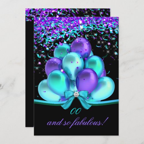 Fabulous Teal Purple Streamers Balloons Birthday Invitation