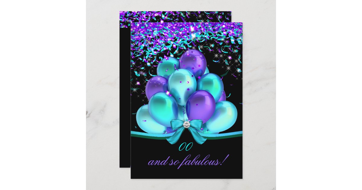 Fabulous Teal Purple Streamers Balloons Birthday Invitation | Zazzle