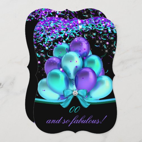 Fabulous Teal Purple Streamers Balloons Birthday Invitation