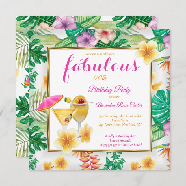 Fabulous Tropical Cocktails Flowers Party sq Invitation (Front/Back)
