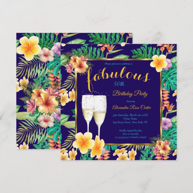 Fabulous Tropical floral blue Champagne Party Invitation (Front/Back)