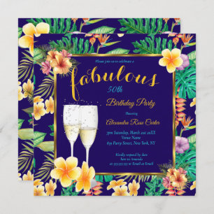 Fabulous Tropical floral blue Champagne Party Invitation