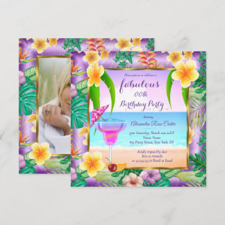 Fabulous Tropical Purple cocktail Photo Party Invitation