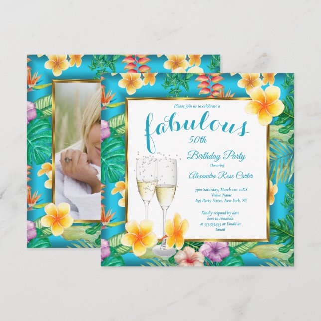 Fabulous Tropical Teal blue Champagne Photo Party Invitation (Front/Back)
