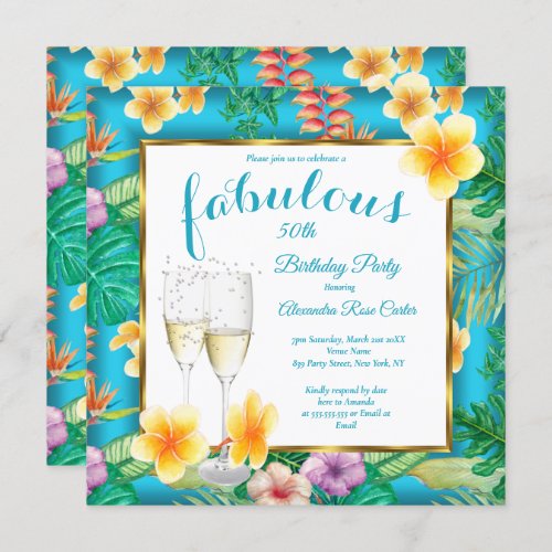 Fabulous Tropical Teal blue Champagne Photo Party Invitation