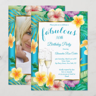 Fabulous Tropical Teal blue Champagne Photo Party Invitation