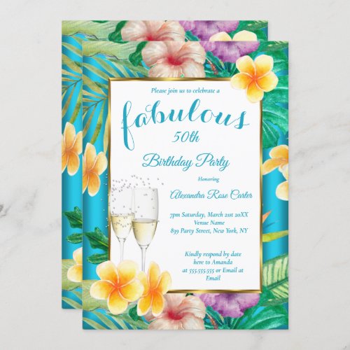 Fabulous Tropical Teal blue Champagne Photo Party Invitation