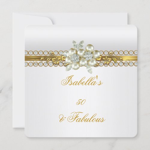 Fabulous White Diamond Pearl Gold Floral Birthday Invitation