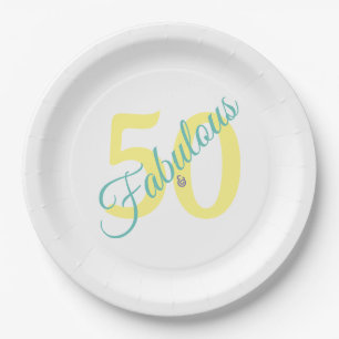 Fabulous Yellow Teal Simple Modern 50th Birthday Paper Plates