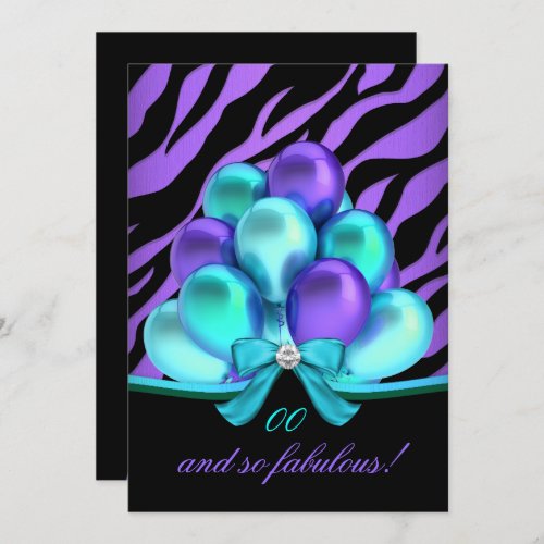 Fabulous Zebra Teal Purple Balloons Birthday Invitation