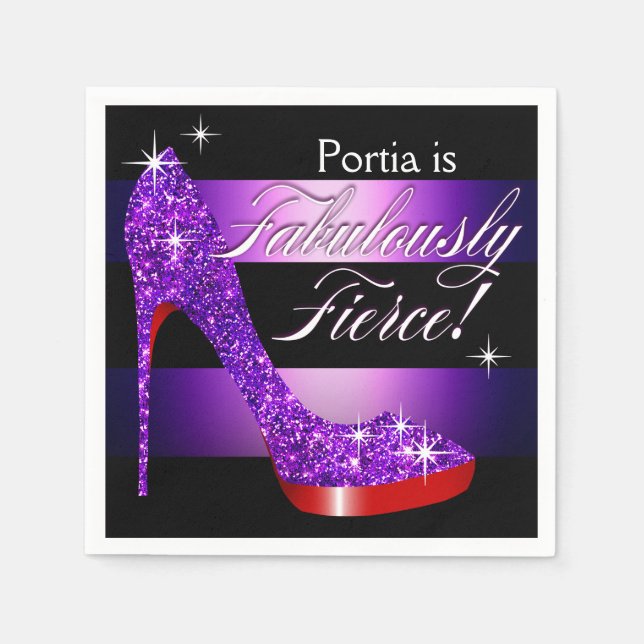 Fabulously Fierce Glittery Stiletto Stripe purple Paper Napkins (Front)