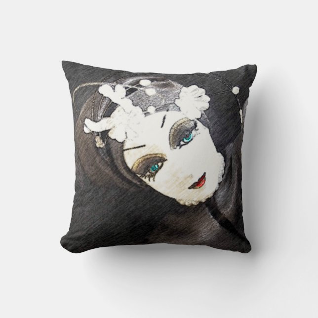 Face Black and White Woman Throw Pillow (Front)
