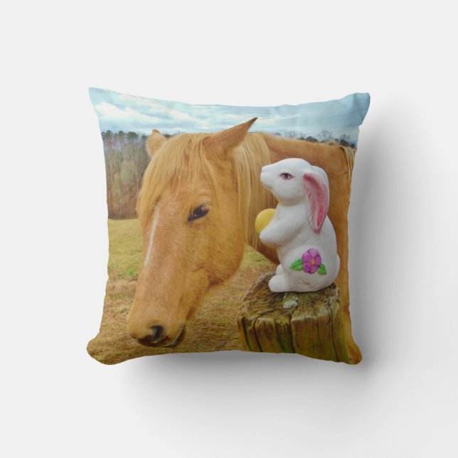 Face Blond horse & Easter Spring flower Bunny Throw Pillow (Front)